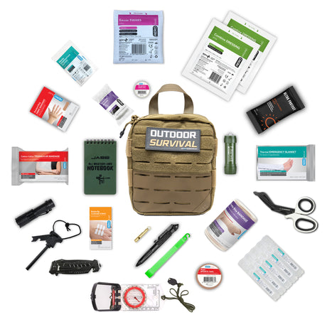 Tan Brown Ky Furneaux Survival Kit survival and trauma supplies laid out around it