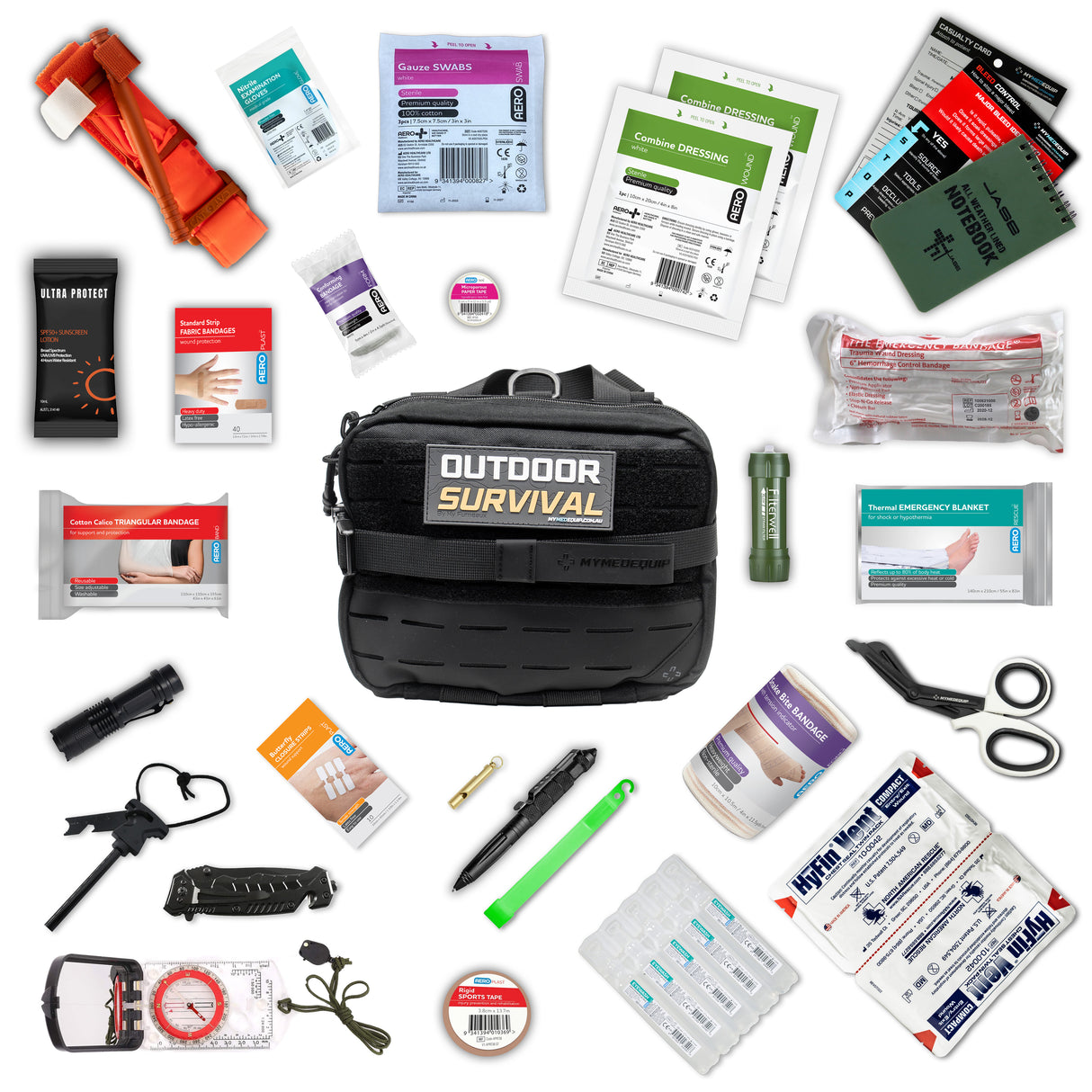 Large Black Tactical Survival Kit with Trauma & Survival Equipment Laid Out Around