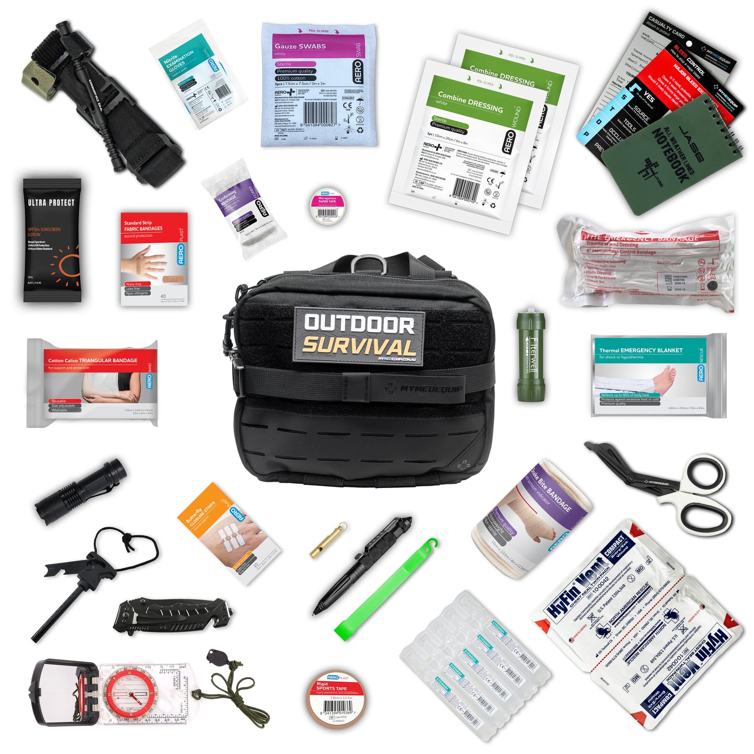 Large Black Tactical Survival Kit with Trauma & Survival Equipment Laid Out Around
