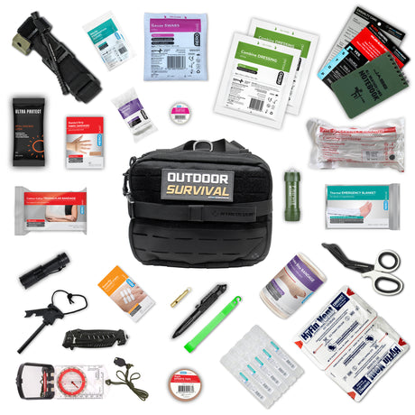 Large Black Tactical Survival Kit with Trauma & Survival Equipment Laid Out Around