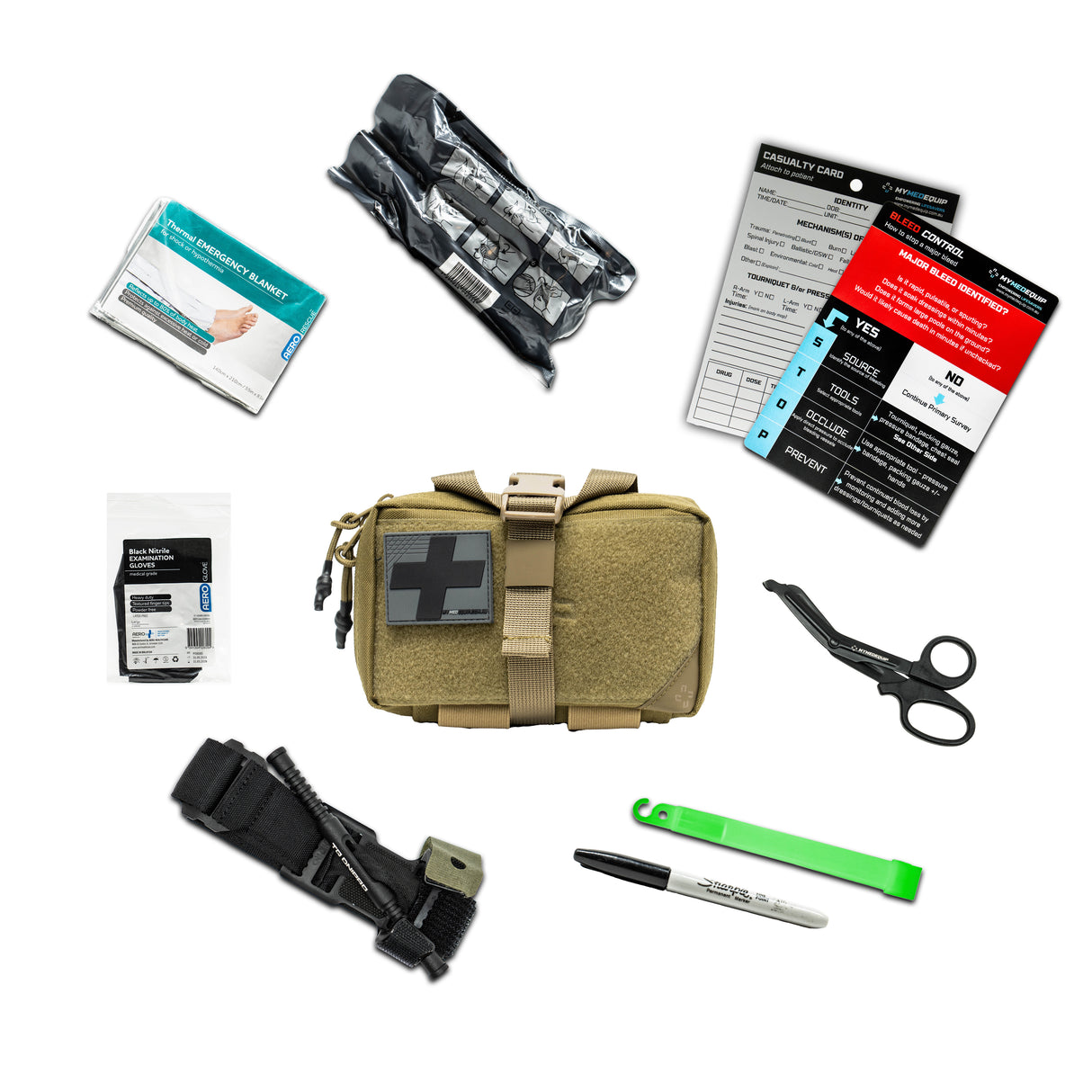 A Coyote Tan Coloured IFAK (Individual First Aid Kit) with a black and grey PVC cross on it. Around the IFAK are laid out it's contents which include, gloves, a DNIPRO Tourniquet, trauma shears, glow stick, sharpie marker pen. Bleed Control Instructional Card, a casualty card, a thermal blanket and a 4" trauma pressure bandage.