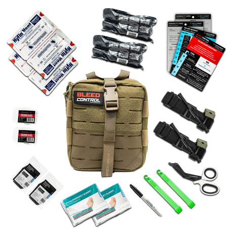 A Coyote Tan Coloured large IFAK (Individual First Aid Kit) with a red and white patch saying Bleed Control. Around the IFAK are laid out it's contents which include, gloves, a two DNIPRO Tourniquets, trauma shears, glow stick, sharpie marker pen, Bleed Control Instructional Card, a casualty card, two chest seals a thermal blanket and two 4" trauma pressure bandages.