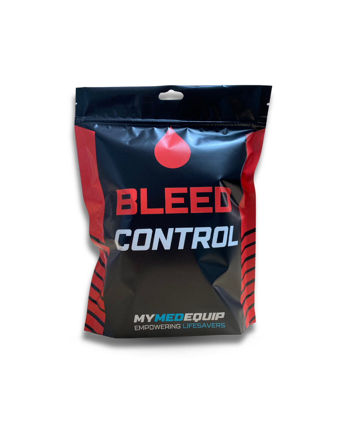 A sealed black and red plastic bag with the words 'BLEED CONTROL' printed in white and red letters, along with the brand 'MYMEDEQUIP'.