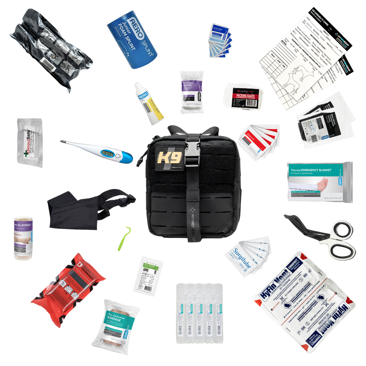 Black Working Dog K9 IFAK with 9 patch and kit contents laid around about. TCCC