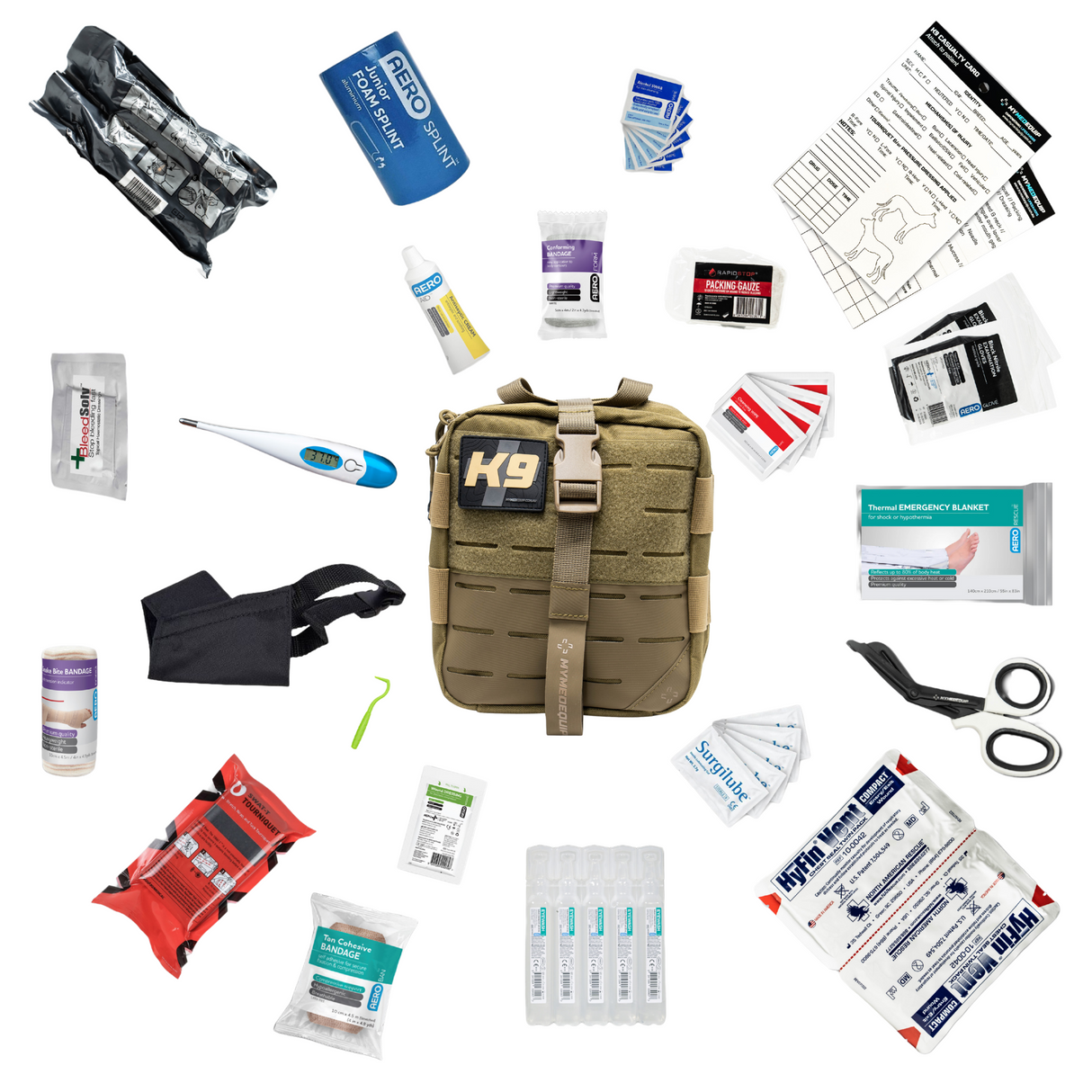 Tan working dog first aid kit K9 patch with K9 TCCC based kit contents laid aorund about