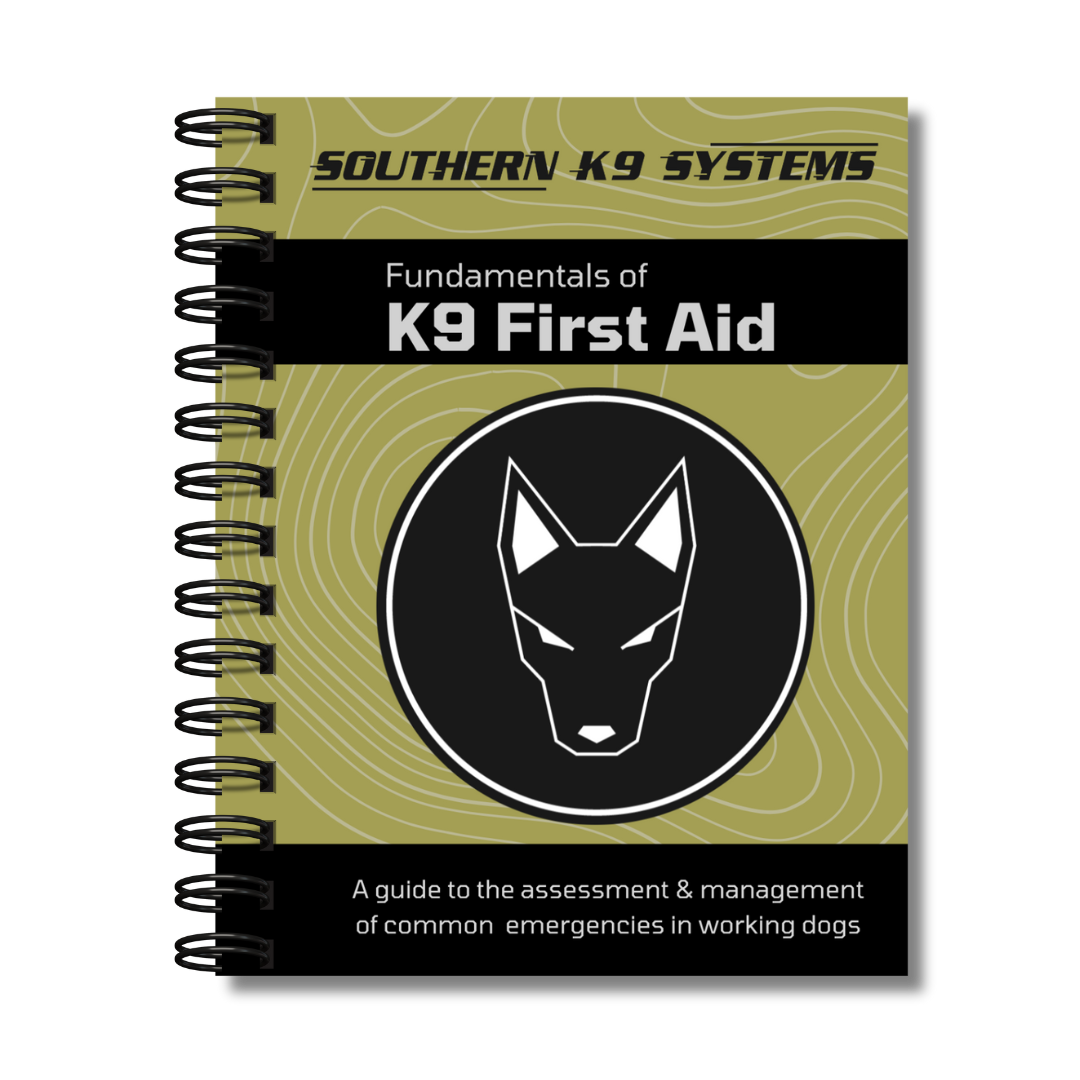 A cover image of the 'Fundamentals of K9 First Aid' guide, showing a spiral-bound booklet with a green and black color scheme and a logo of a dog's head.