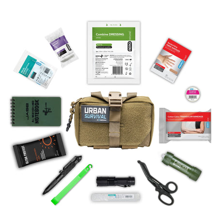 Collection of survival gear including a pouch, bandages, and tools on a white background