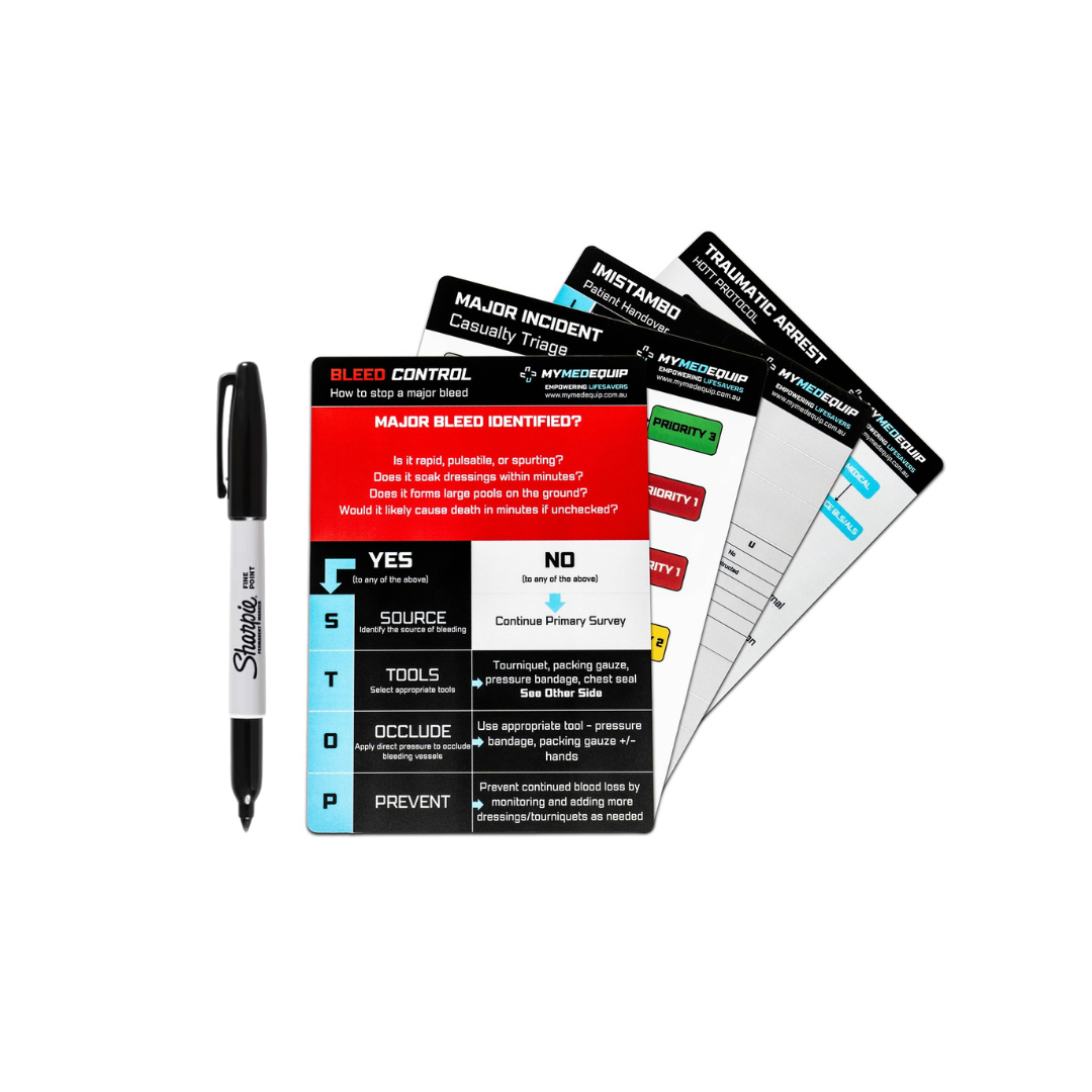 Clinical Aide Memoire Bundle stacked up - featuring Bleed Control, Major Incident, IMISTAMBO Handover and Traumatic Arrest Reference Cards with a Sharpie Permanent Marker beside them.