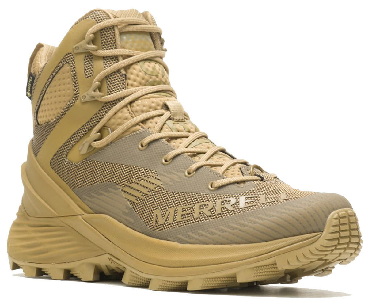 Tan hiking boot with Merrell branding on a white background