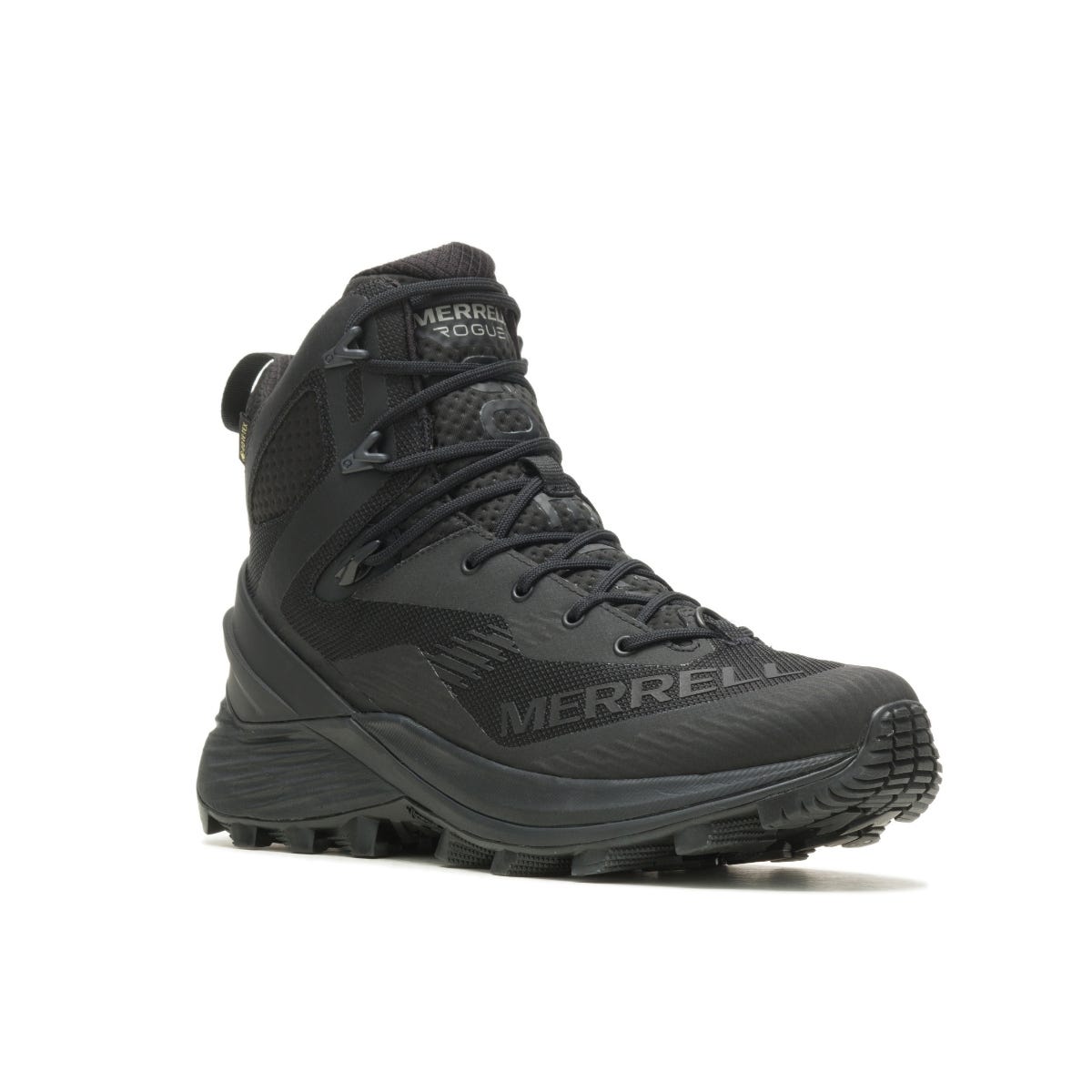Black hiking boot with Merrell branding on a white background
