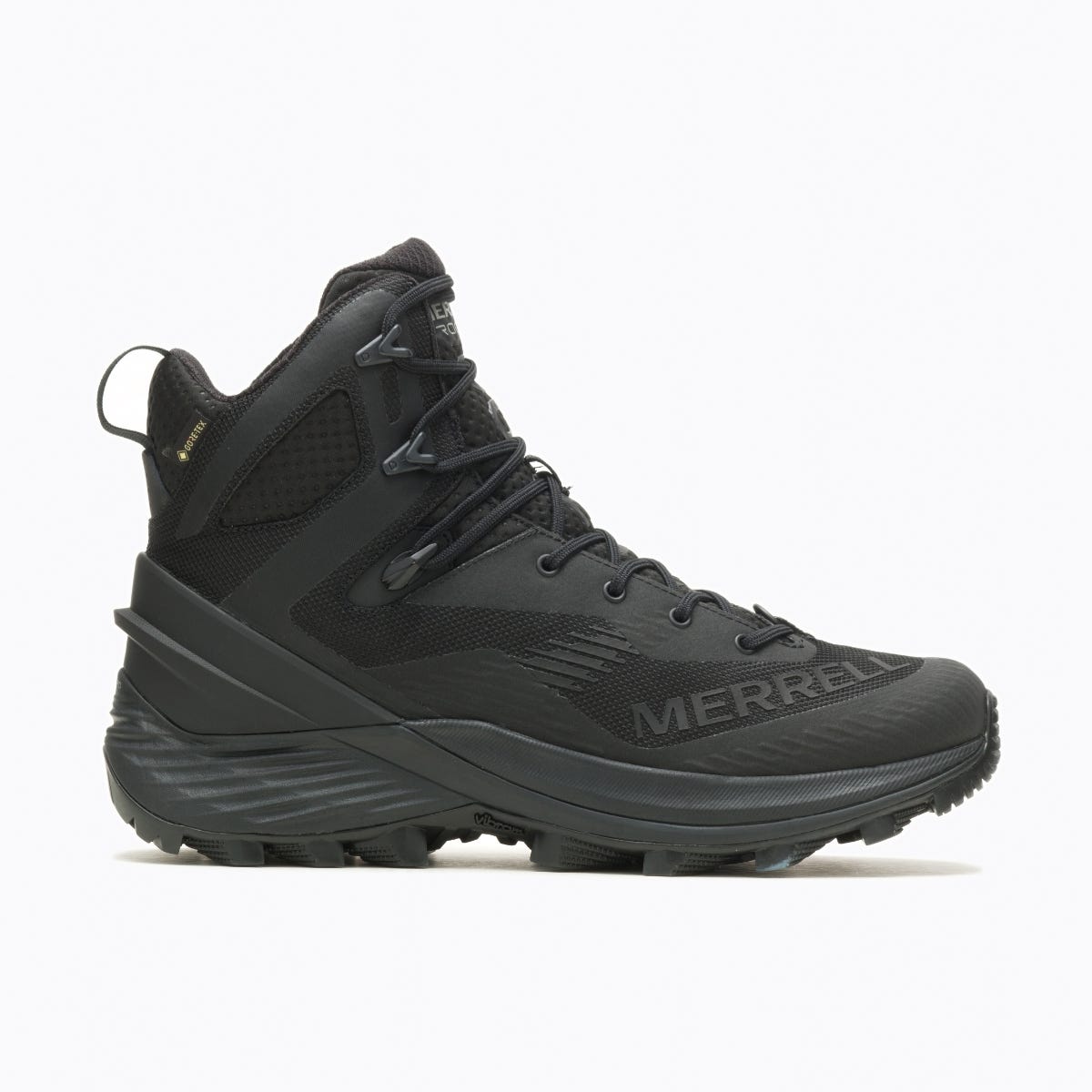 Black Merrell hiking tactical boot on a white background