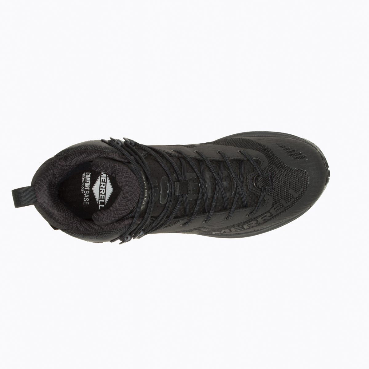 Black hiking boot with Merrell brand logo on a white background