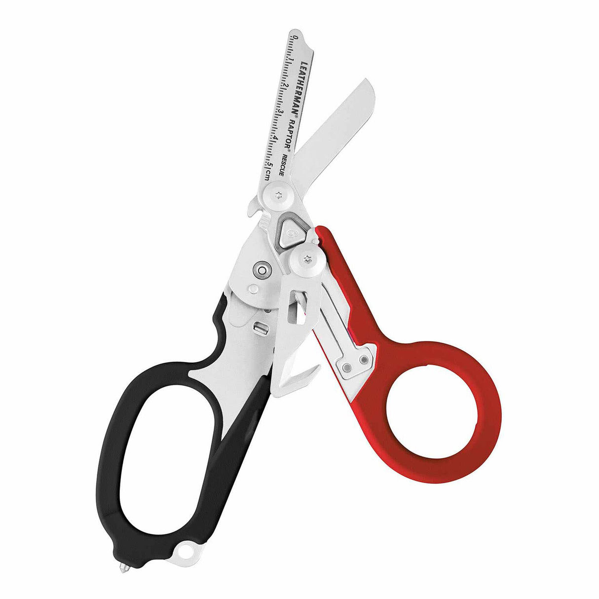 A Leatherman Raptor Rescue multifunction tool with a pair of blue-handled shears prominently displayed.