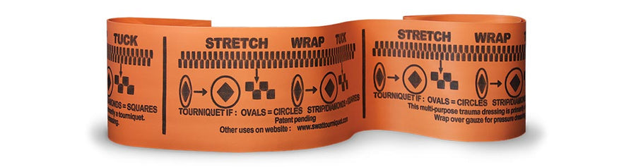 An orange SWAT-T Tourniquet unpackaged with black text and graphics, including a visual guide indicating optimal tension when being applied to a limb.