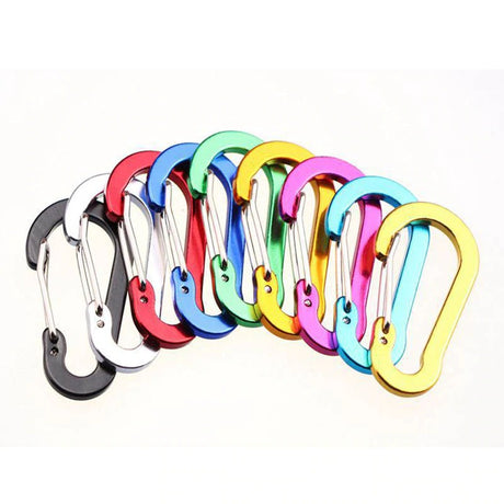 A range of colorful 50mm aluminium alloy carabiners arranged in a line.