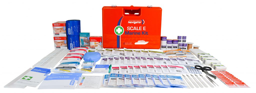 Scale E Marine First Aid Kit shown open with contents laid out for NSCV compliance