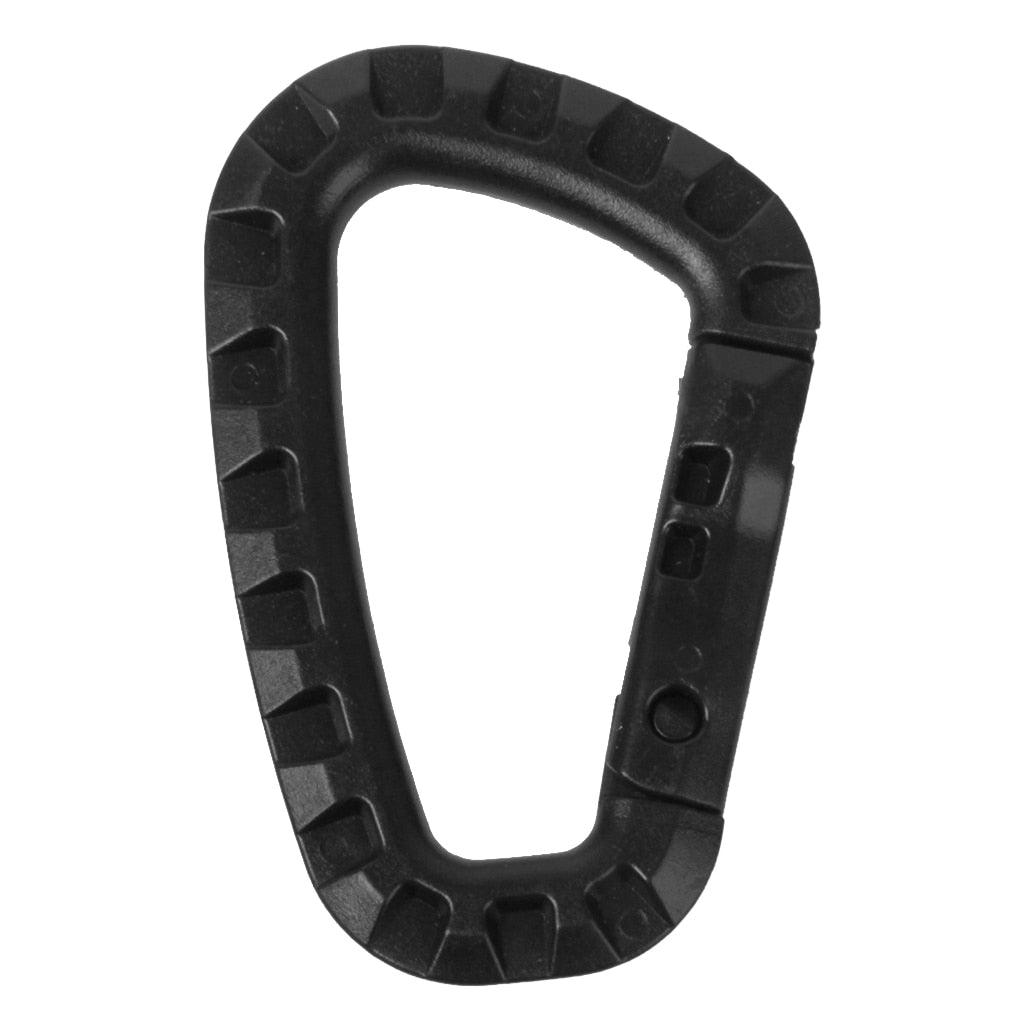 A black tactical carabiner made from high-tensile polymer.