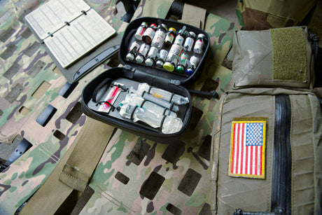 Narco Case with medicine vials and injection equipment on a military bag