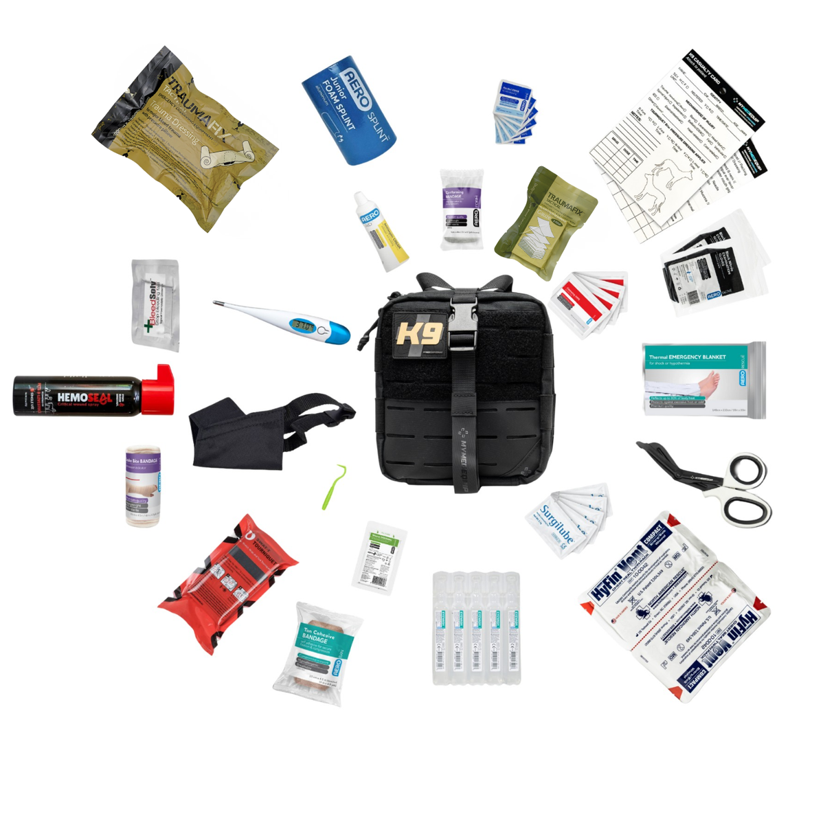 Working Dog First Aid Kit pouch with K9 trauma supplies arranged around it on a white background.