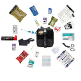 Working Dog First Aid Kit pouch with K9 trauma supplies arranged around it on a white background.