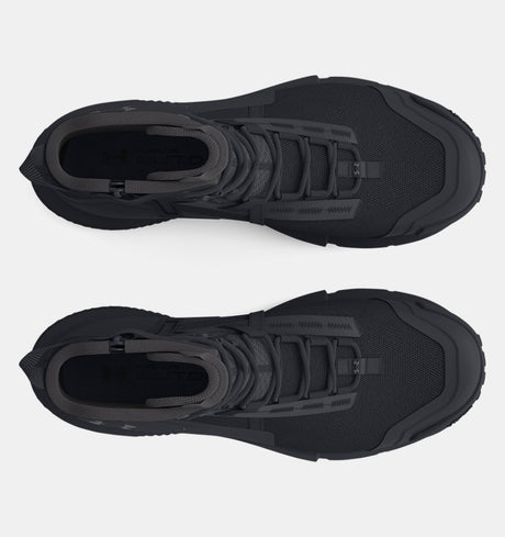 Black high-top tactical boots on a white background