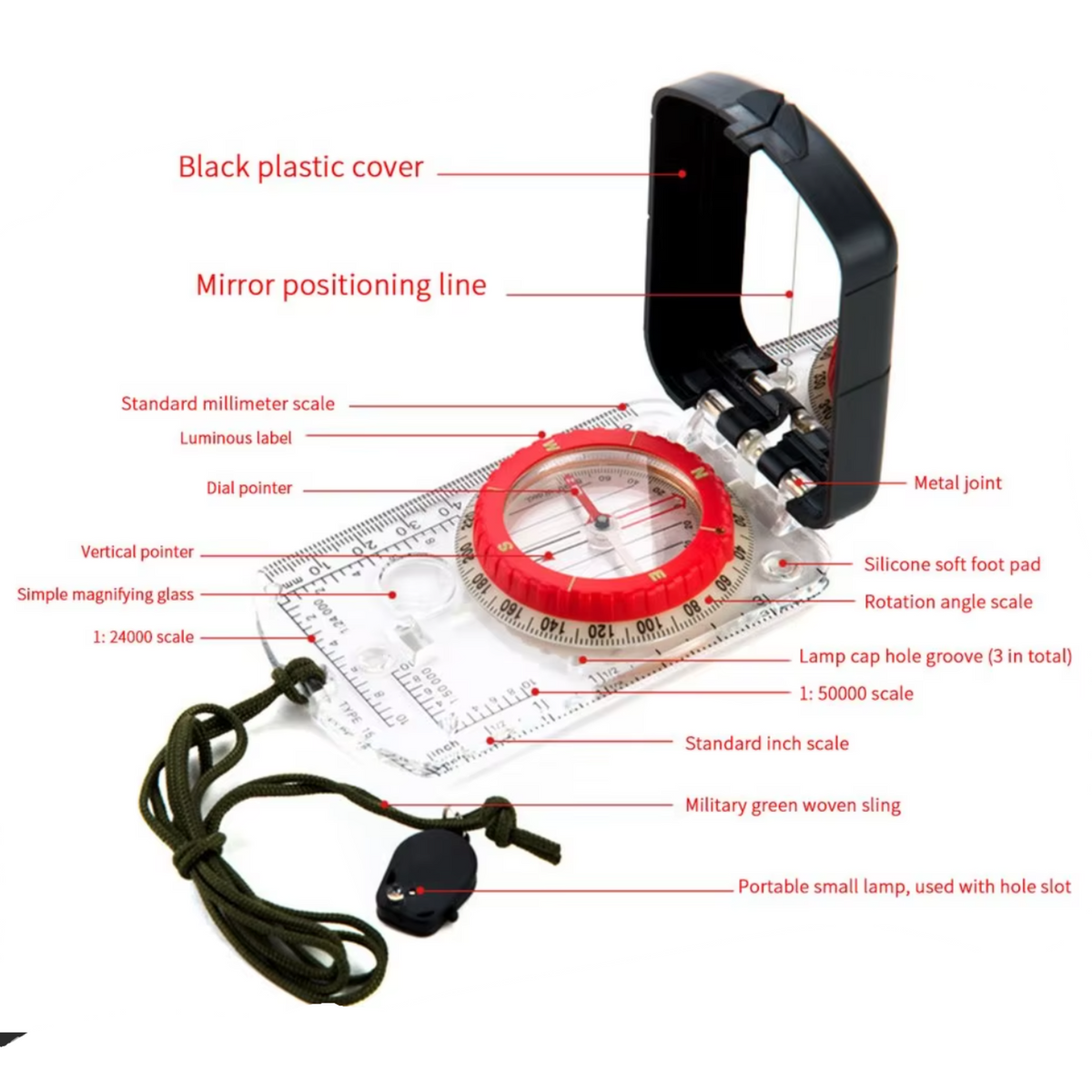 Compass Lamp Magnetic Compass with Signalling Mirror and Illuminable Base Plate ...