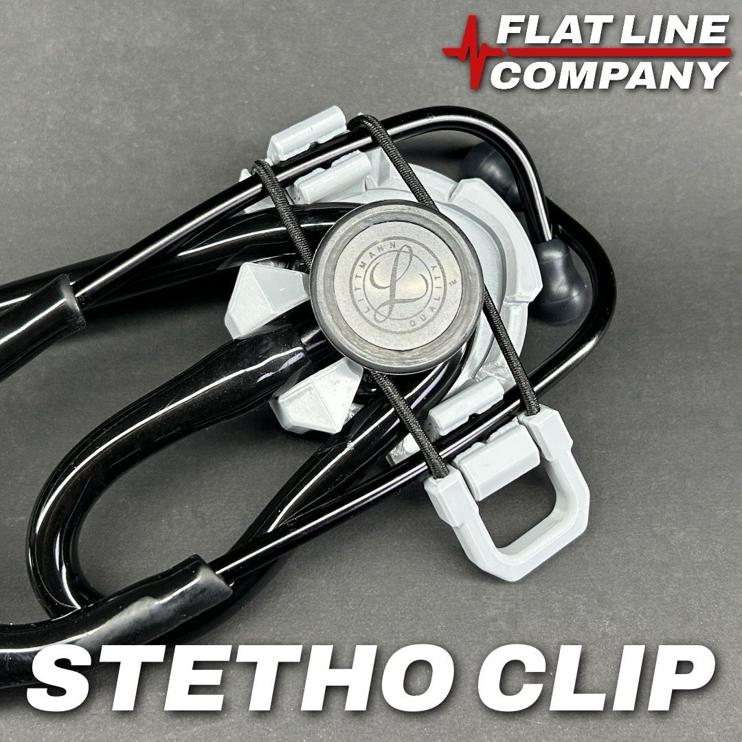 STETHO-CLIP stethoscope holder clipped to a belt with stethoscope secured