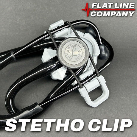 STETHO-CLIP stethoscope holder clipped to a belt with stethoscope secured