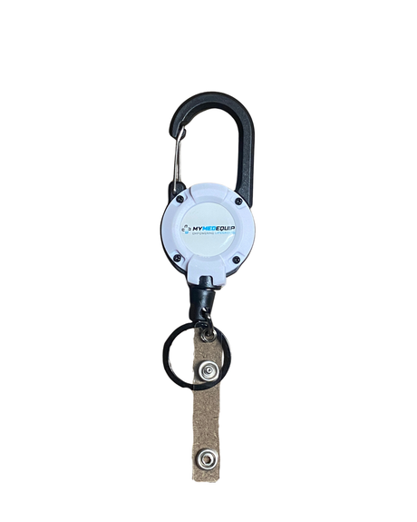 Carabiner badge reel clipped to nurse uniform with metal cable extended