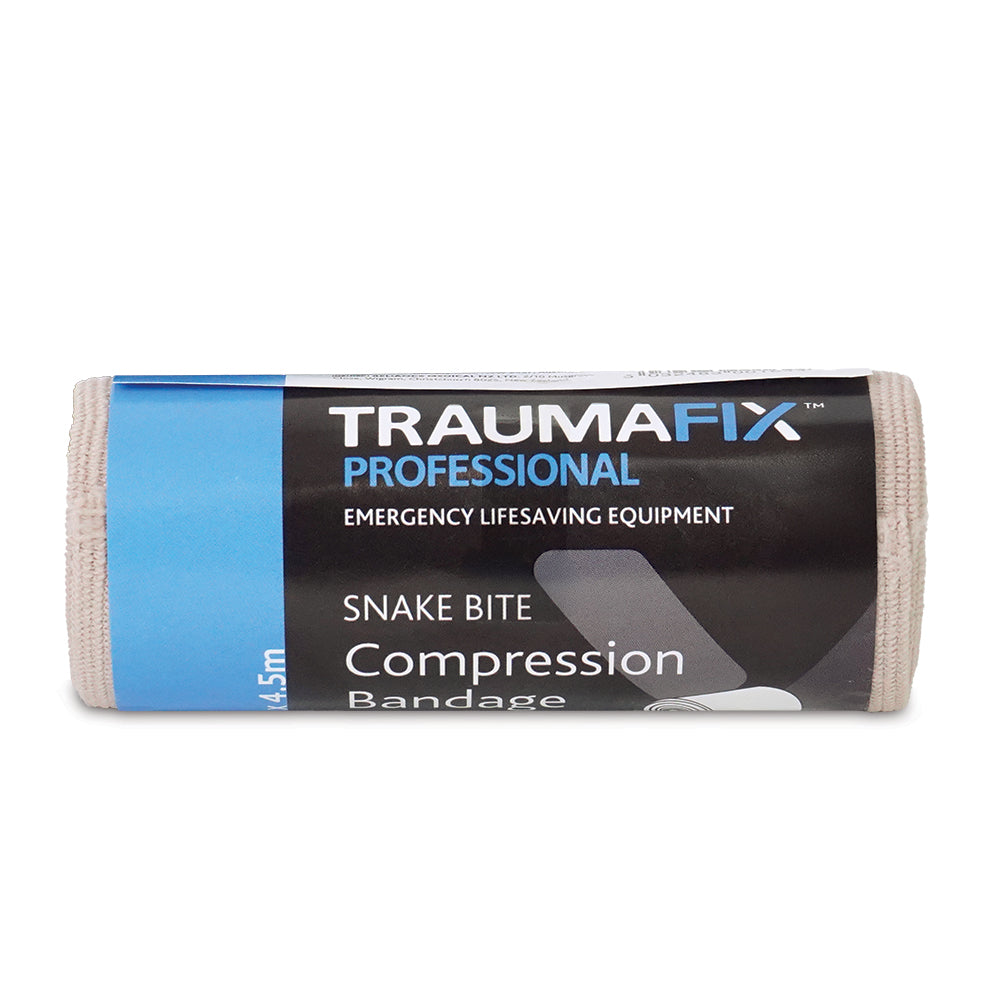 Compression snake bite bandage with TraumaFix closure, 10cm x 4.5m, rolled and packaged