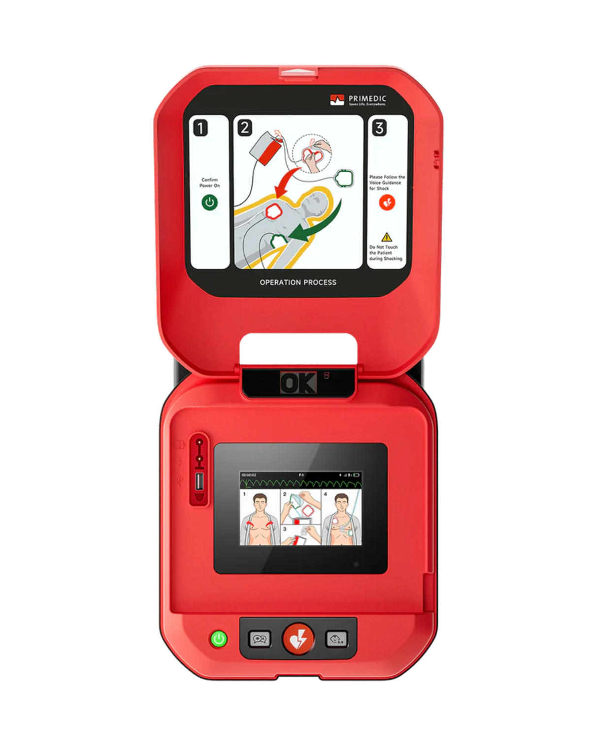 PRIMEDIC HeartSave Y-Screen AED showing 4.3 inch colour display and control buttons