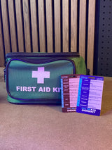 Reverse of MyMedEquip first aid wallet card with CPR and first aid steps
