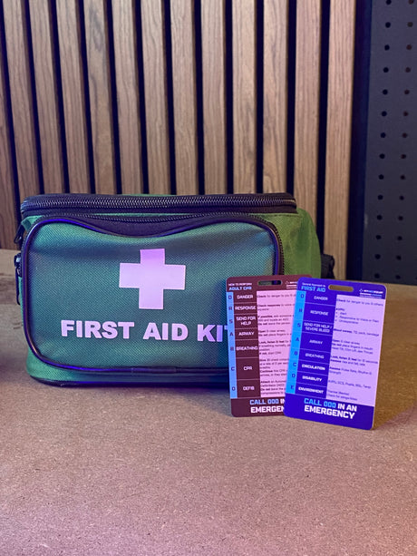 Reverse of MyMedEquip first aid wallet card with CPR and first aid steps