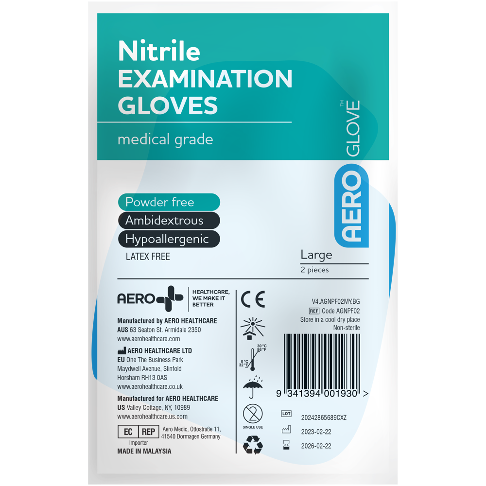 AEROGLOVE Large blue nitrile powder-free examination gloves shown as a pair