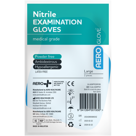 AEROGLOVE Large blue nitrile powder-free examination gloves shown as a pair
