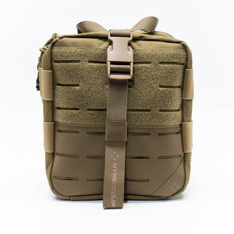 Medium Tan Brown coloured Vertex 2.0 Aid Pouch first aid kit pouch with laser cut molle and tear away rear panel on white background. Front view
