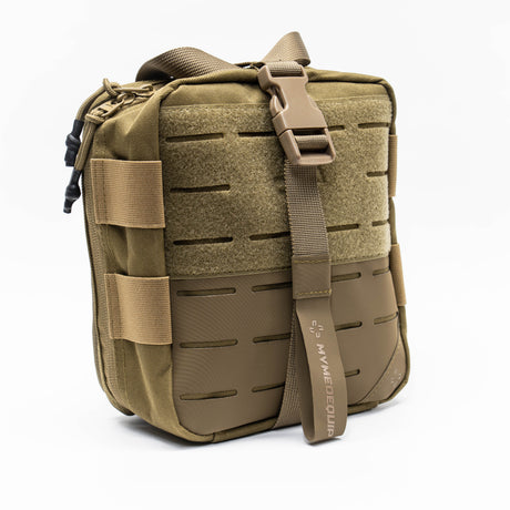 Medium Tan Brown coloured Vertex 2.0 Aid Pouch first aid kit pouch with laser cut molle and tear away rear panel on white background. Diagonal right view