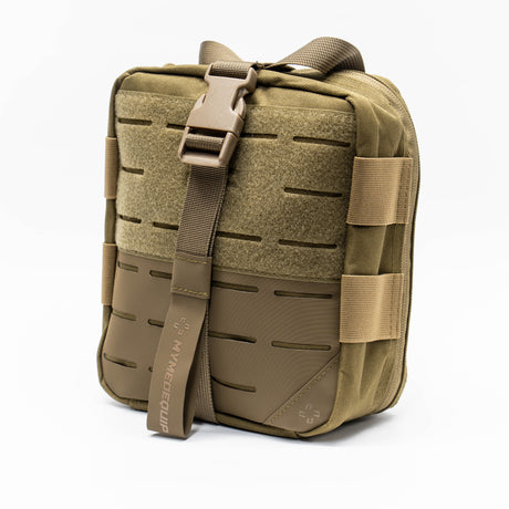 Medium Tan Brown coloured Vertex 2.0 Aid Pouch first aid kit pouch with laser cut molle and tear away rear panel on white background. Diagonal left view