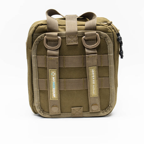 Medium Tan Brown coloured first aid kit pouch with laser cut molle and ripaway rear panel on white background. rear view of molle straps PALS