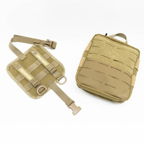 Medium Tan Brown coloured Vertex 2.0 Aid Pouch first aid kit pouch with laser cut molle and tear away rear panel detached on white background. 