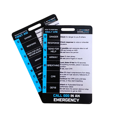 First Aid and CPR Reference Card showing DRSABCD action plan, wallet ID size