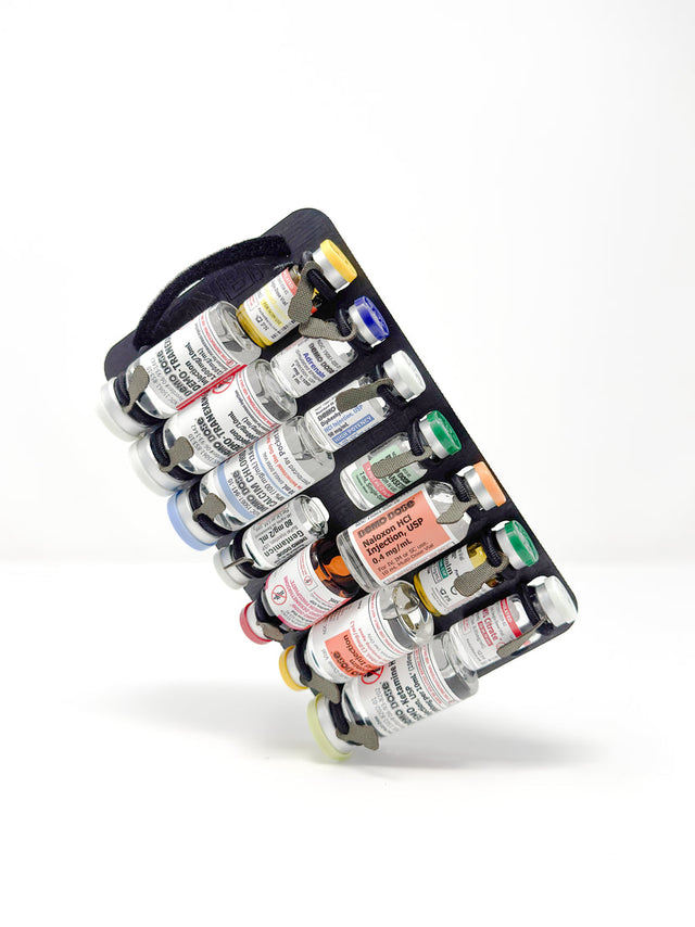 NARCO Medication Panel by Blue Tide Innovations with elastic loops for vials