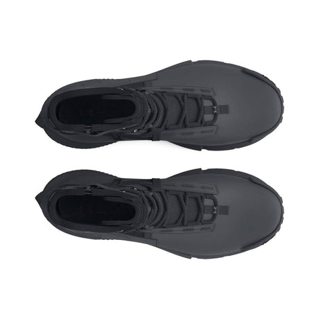 Pair of black high-top Under Armour sneakers on a white background