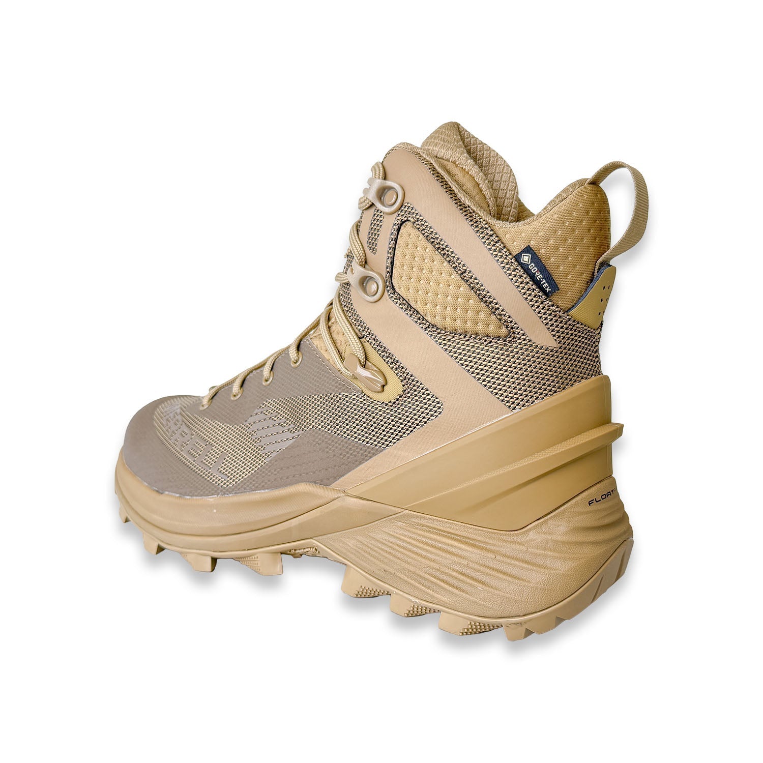 Beige hiking boot with a brand logo on a white background