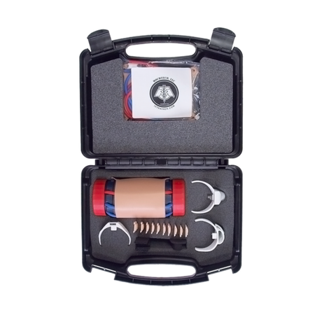 An open black hard carrying case on a white background, showing foam-lined compartments with a packaged item in the upper section and a cylindrical red-and-beige item with metal clips in the lower section.