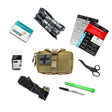 Coyote tan mini IFAK pouch with DNIPRO tourniquet, shears and pressure bandage laid out