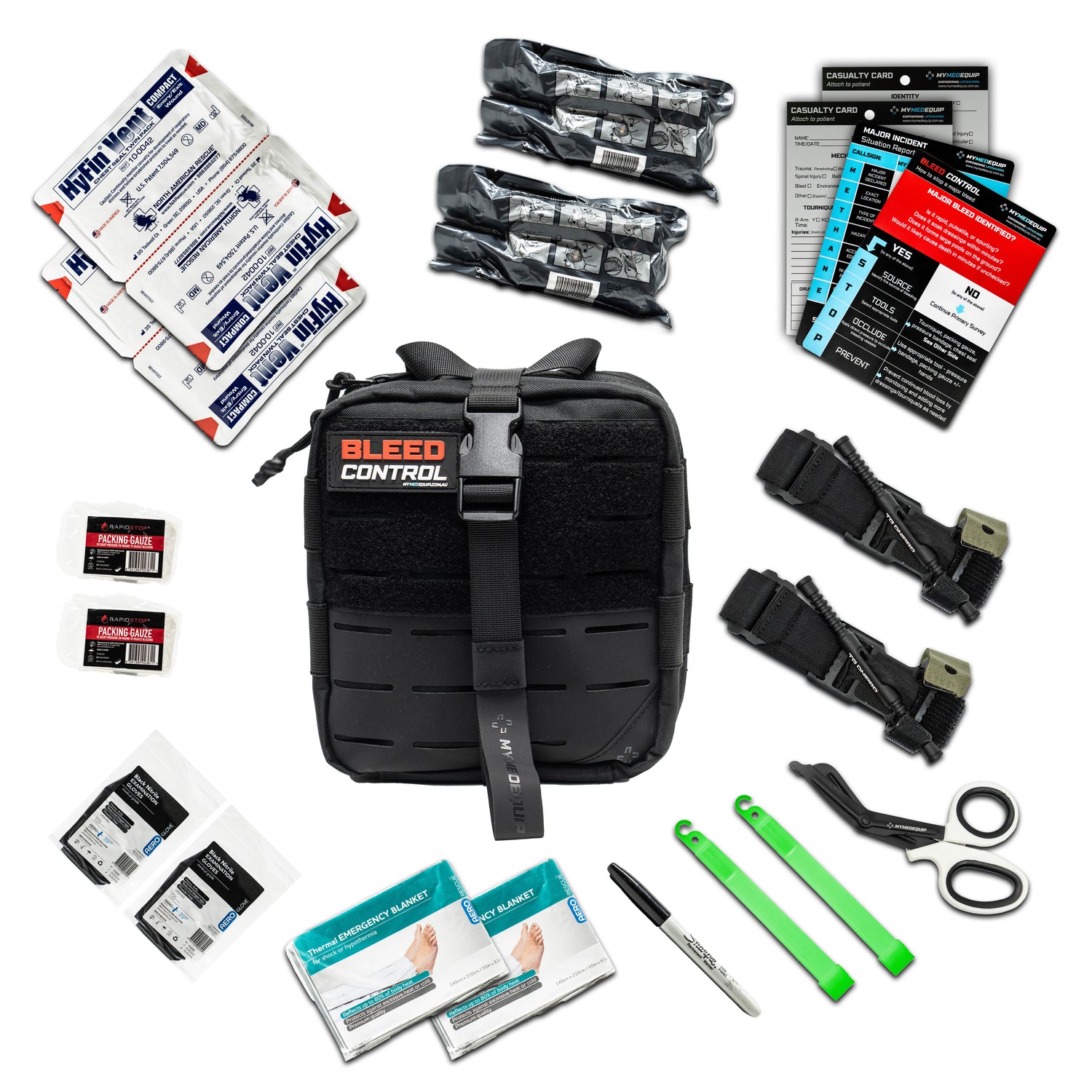 A large black IFAK (Individual First Aid Kit) with a red and white patch saying Bleed Control. Around the IFAK are laid out it's contents which include, gloves, a two DNIPRO Tourniquets, trauma shears, glow stick, sharpie marker pen, Bleed Control Instructional Card, a casualty card, two chest seals a thermal blanket and two 4" trauma pressure bandages.