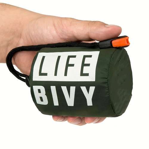 Bright orange Bivouac emergency survival bag packed in green drawstring pouch