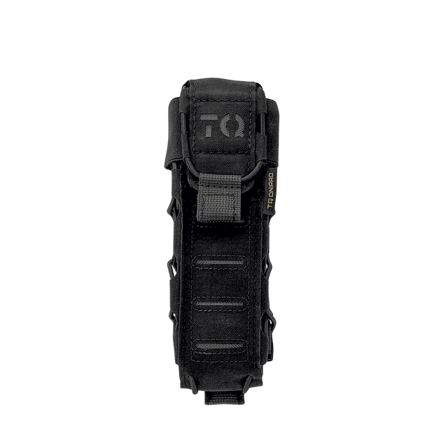 Black tourniquet pouch with visible branding on a white background