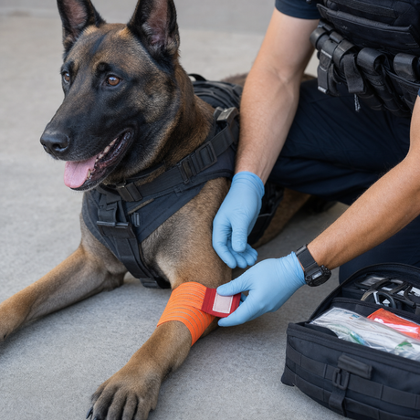 Handler applying a Slishman Pressure Wrap to a working dog's paw in the field.